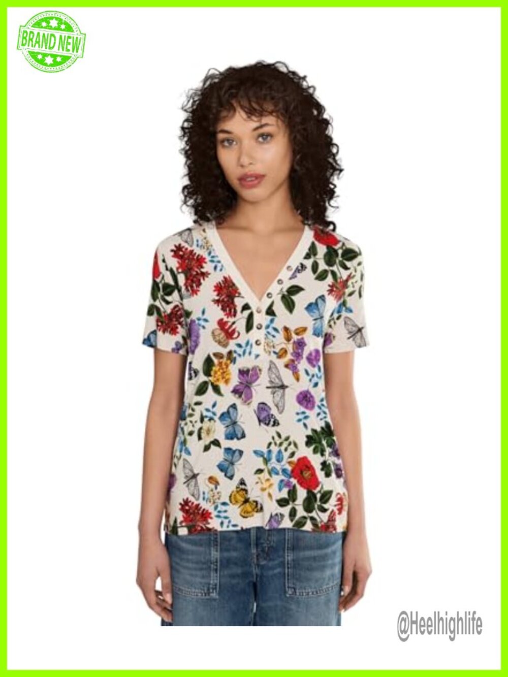 Floral V-Neck Short Sleeve Henley Tee Classic Fit Rayon Spandex